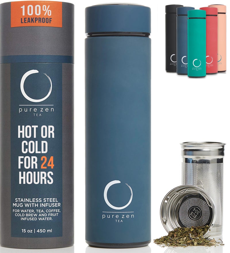 Pure Zen Tea Thermos with Infuser for Hot and Cold Infusions - Stainless Steel - Tea Infuser Bottle - Leakproof Travel Mug with Filter - 15oz - Blue - Image 1